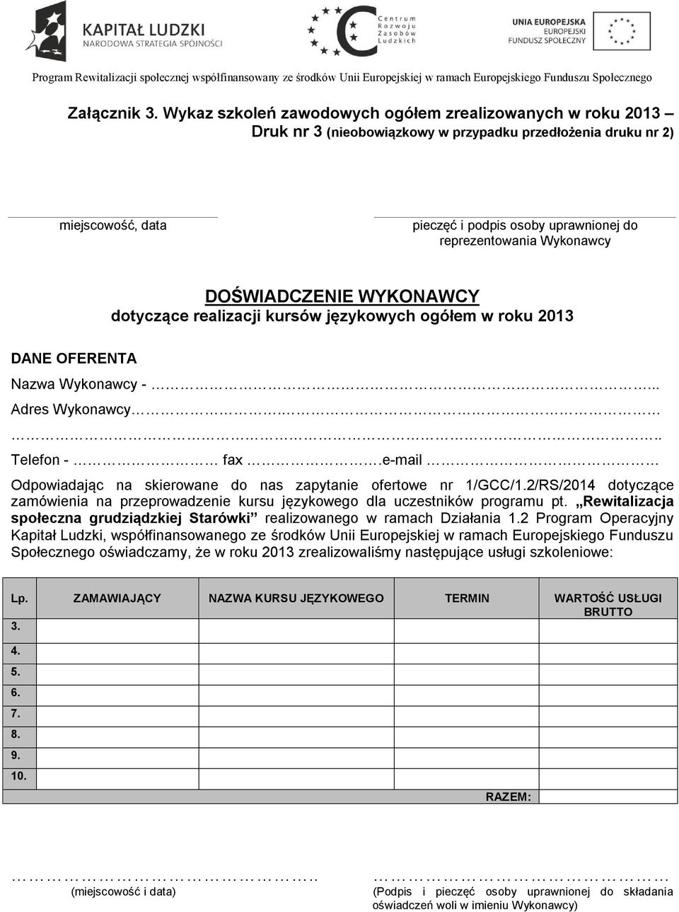 Wykonawcy DOŚWIADCZENIE WYKONAWCY dotyczące realizacji kursów językowych ogółem w roku 2013 DANE OFERENTA Nazwa Wykonawcy -... Adres Wykonawcy... Telefon - fax.