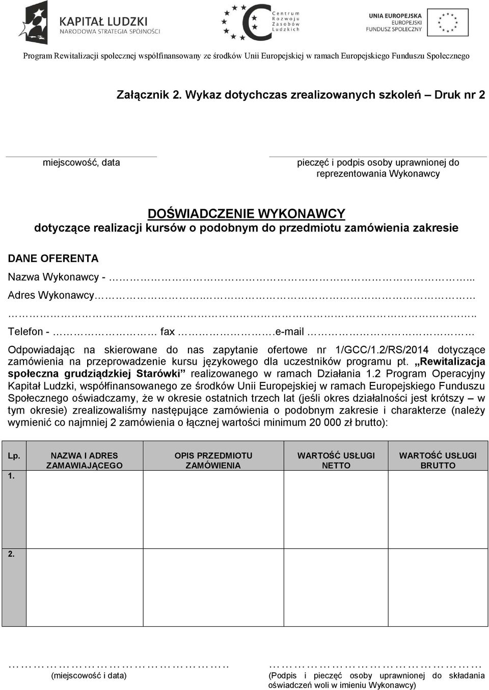 przedmiotu zamówienia zakresie DANE OFERENTA Nazwa Wykonawcy -... Adres Wykonawcy... Telefon - fax.e-mail Odpowiadając na skierowane do nas zapytanie ofertowe nr 1/GCC/1.