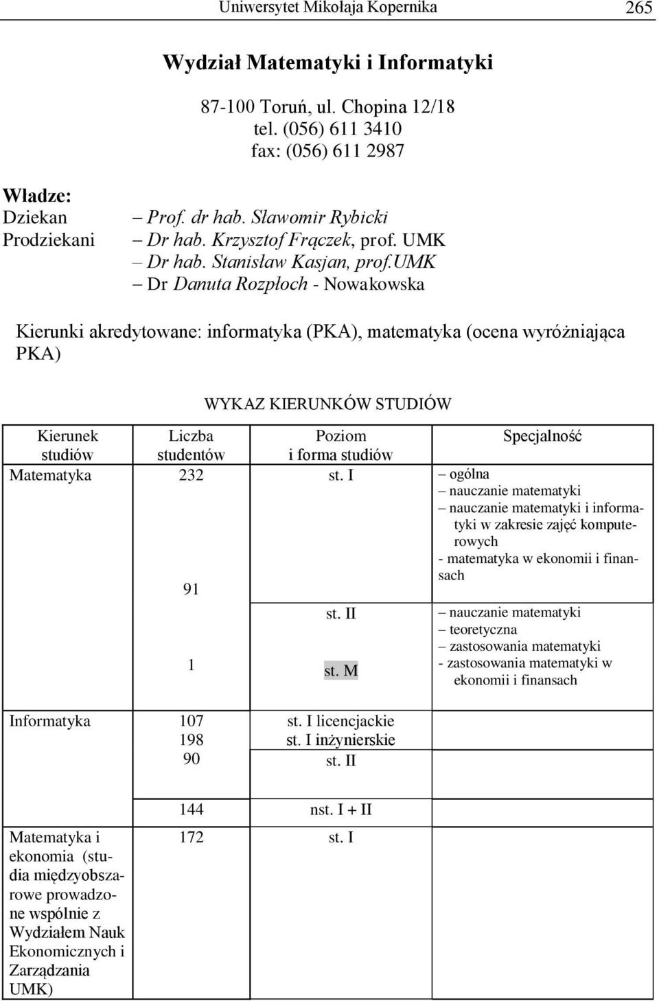 umk Dr Danuta Rozpłoch - Nowakowska Kierunki akredytowane: informatyka (PKA), matematyka (ocena wyróżniająca PKA) Kierunek studiów studentów Matematyka 232 91 Informatyka 107 198 90 1 i forma studiów