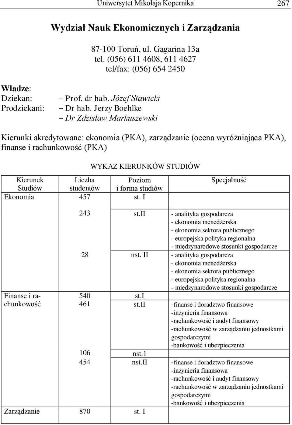 Jerzy Boehlke Dr Zdzisław Markuszewski Kierunki akredytowane: ekonomia (PKA), zarządzanie (ocena wyróżniająca PKA), finanse i rachunkowość (PKA) Kierunek Studiów studentów Ekonomia 457 i forma