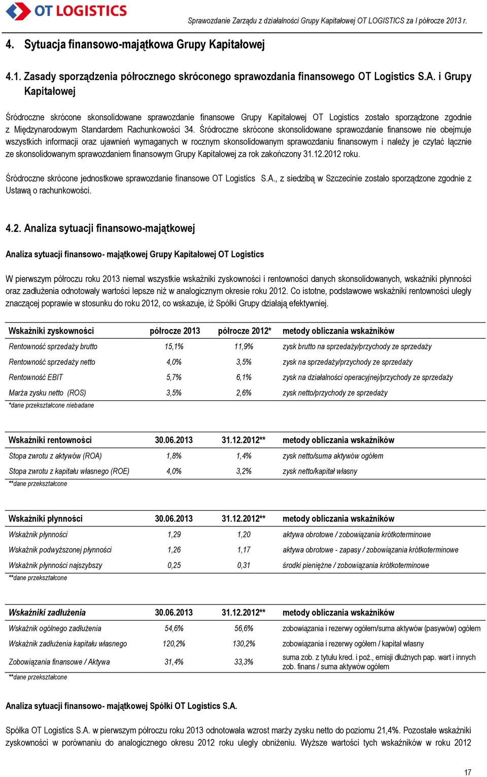 i Grupy Kapitałowej Śródroczne skrócone skonsolidowane sprawozdanie finansowe Grupy Kapitałowej OT Logistics zostało sporządzone zgodnie z Międzynarodowym Standardem Rachunkowości 34.