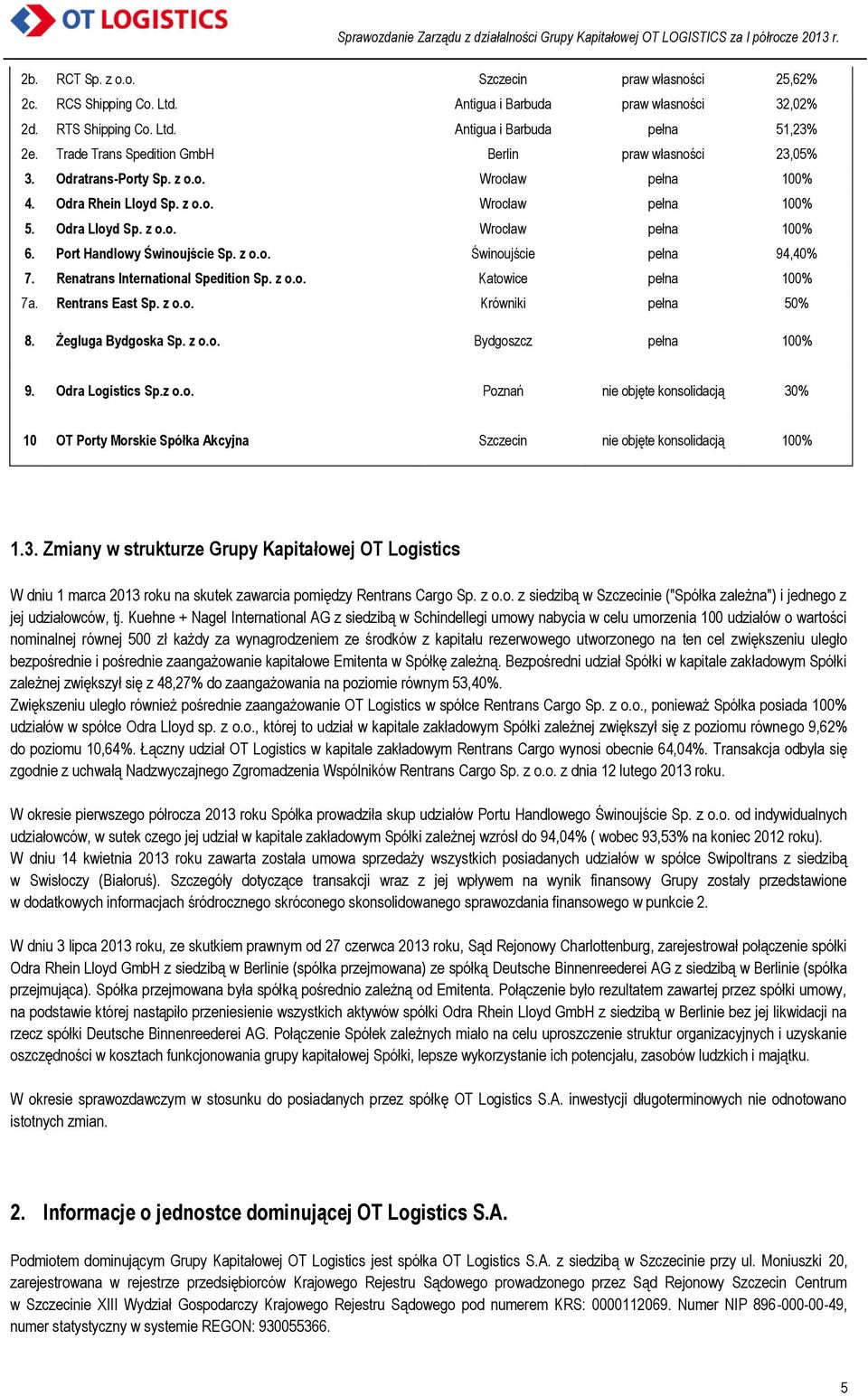 Port Handlowy Świnoujście Sp. z o.o. Świnoujście pełna 94,40% 7. Renatrans International Spedition Sp. z o.o. Katowice pełna 100% 7a. Rentrans East Sp. z o.o. Krówniki pełna 50% 8.