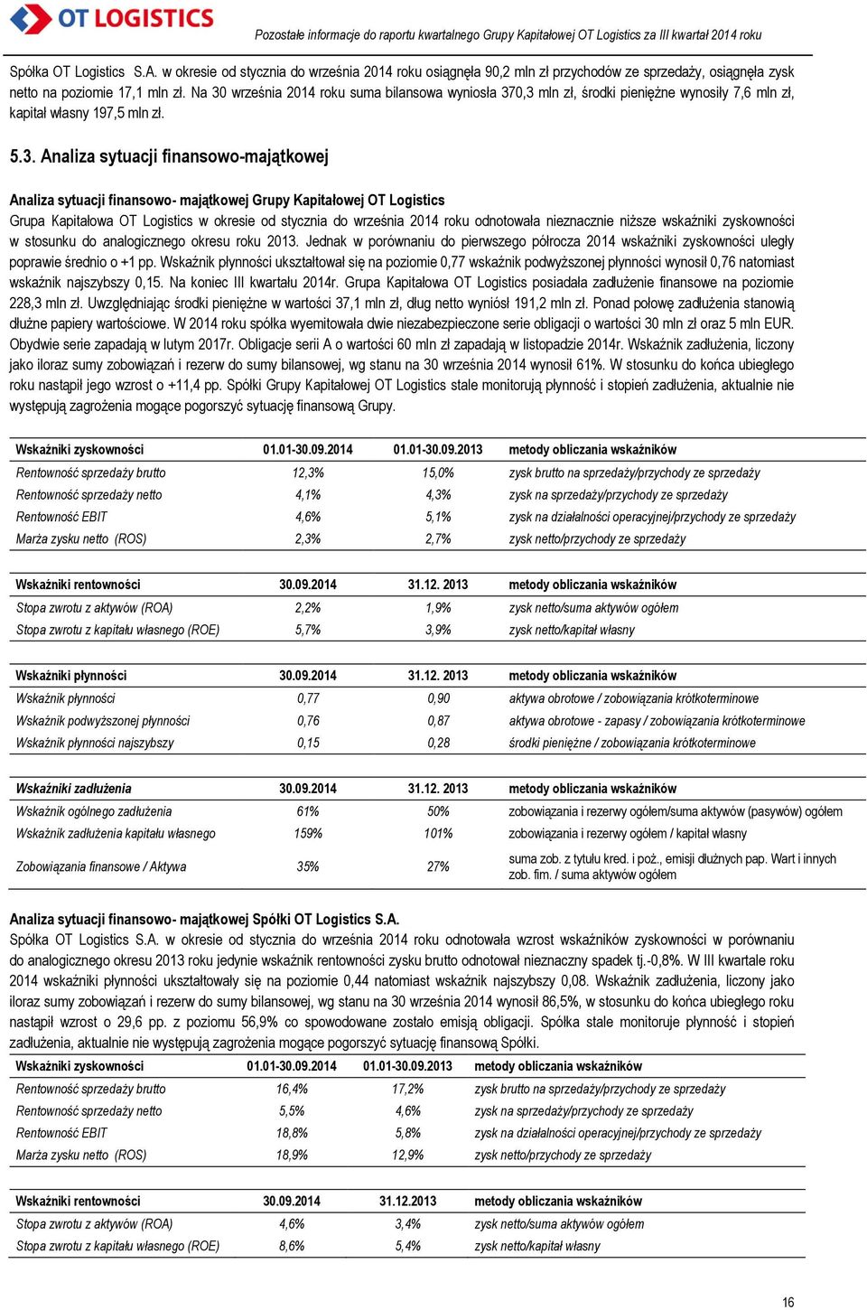 finansowo- majątkowej Grupy Kapitałowej OT Logistics Grupa Kapitałowa OT Logistics w okresie od stycznia do września 2014 roku odnotowała nieznacznie niższe wskaźniki zyskowności w stosunku do