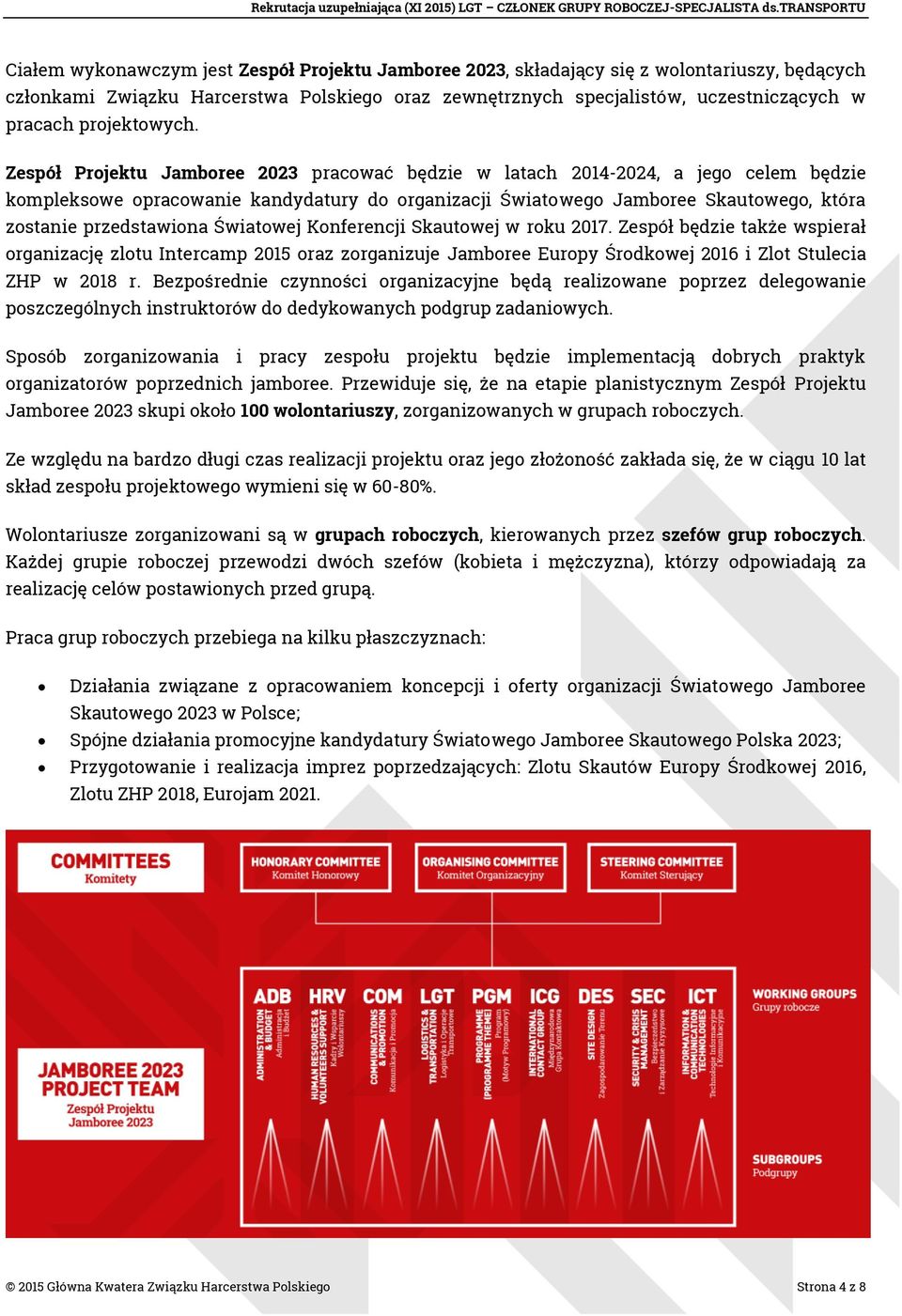 Zespół Projektu Jamboree 2023 pracować będzie w latach 2014-2024, a jego celem będzie kompleksowe opracowanie kandydatury do organizacji Światowego Jamboree Skautowego, która zostanie przedstawiona