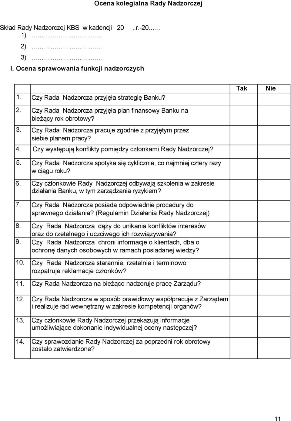 Czy występują konflikty pomiędzy członkami Rady Nadzorczej? 5. Czy Rada Nadzorcza spotyka się cyklicznie, co najmniej cztery razy w ciągu roku? 6.