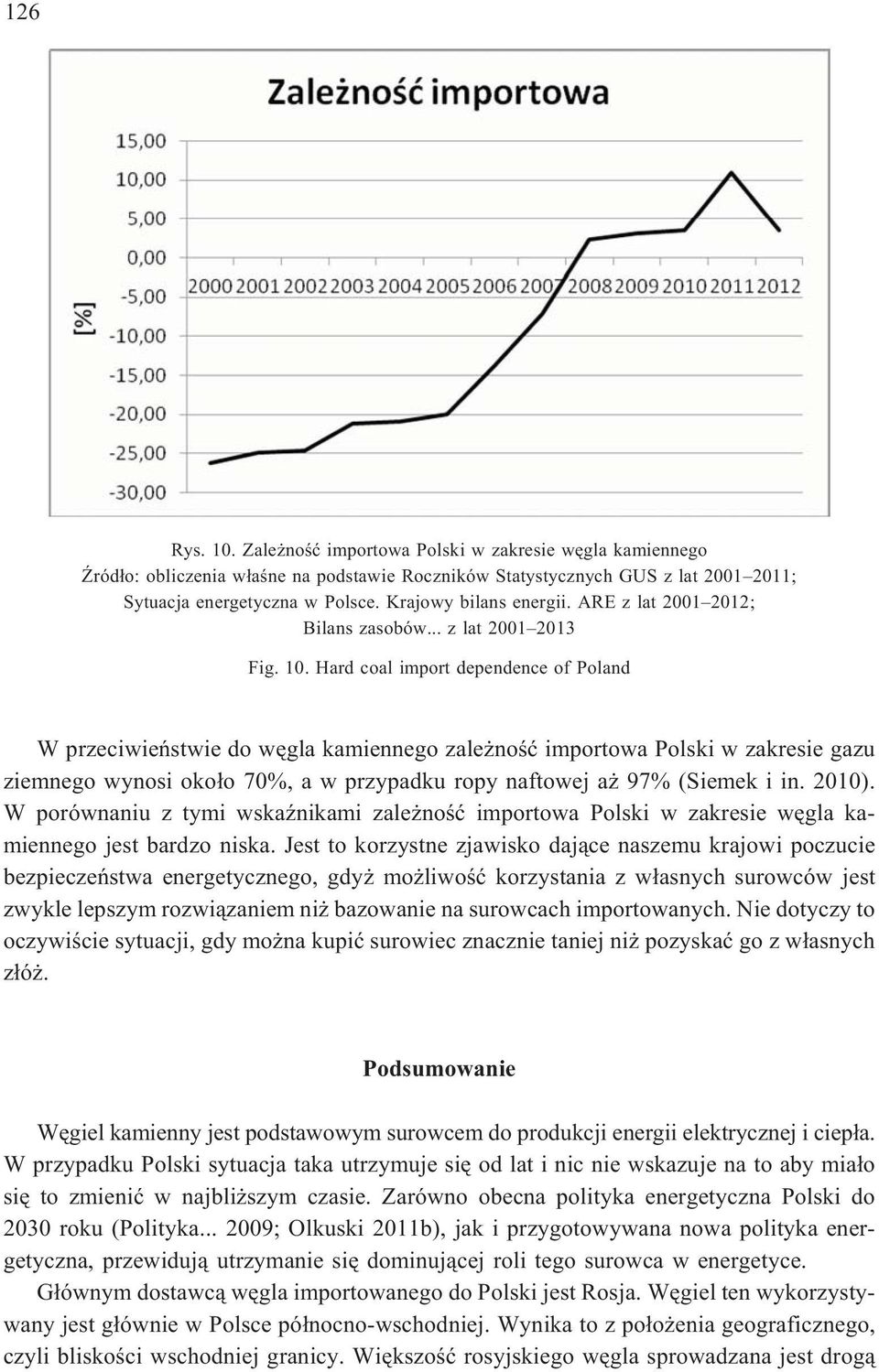 Hard coal import dependence of Poland W przeciwieñstwie do wêgla kamiennego zale noœæ importowa Polski w zakresie gazu ziemnego wynosi oko³o 70%, a w przypadku ropy naftowej a 97% (Siemek i in. 2010).