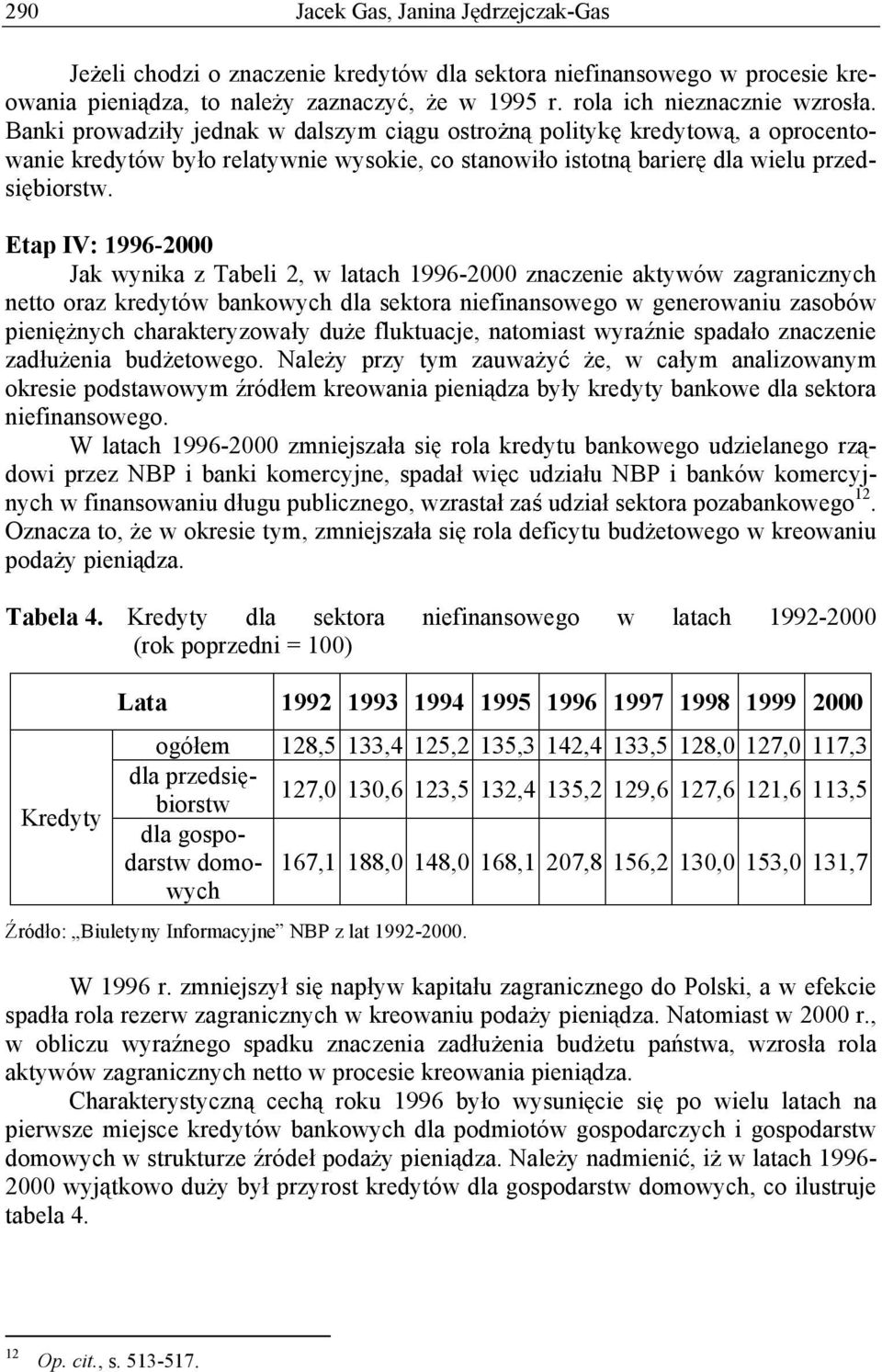 Etap IV: 1996-2000 Jak wynika z Tabeli 2, w latach 1996-2000 znaczenie aktywów zagranicznych netto oraz kredytów bankowych dla sektora niefinansowego w generowaniu zasobów pieni nych charakteryzowa y