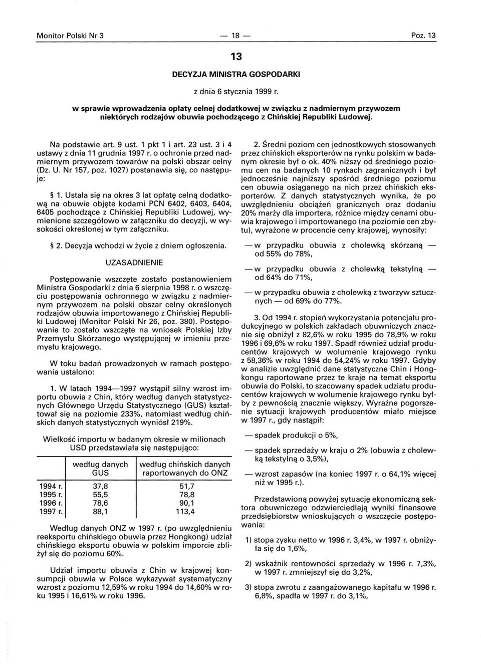 3 i 4 ustawy z dnia 11 grudnia 1997 r. o ochronie przed nadmiernym przywozem towarów na polski obszar celny (Dz. U. Nr 157, poz. 1027) postanawia się, co następuje: 1.