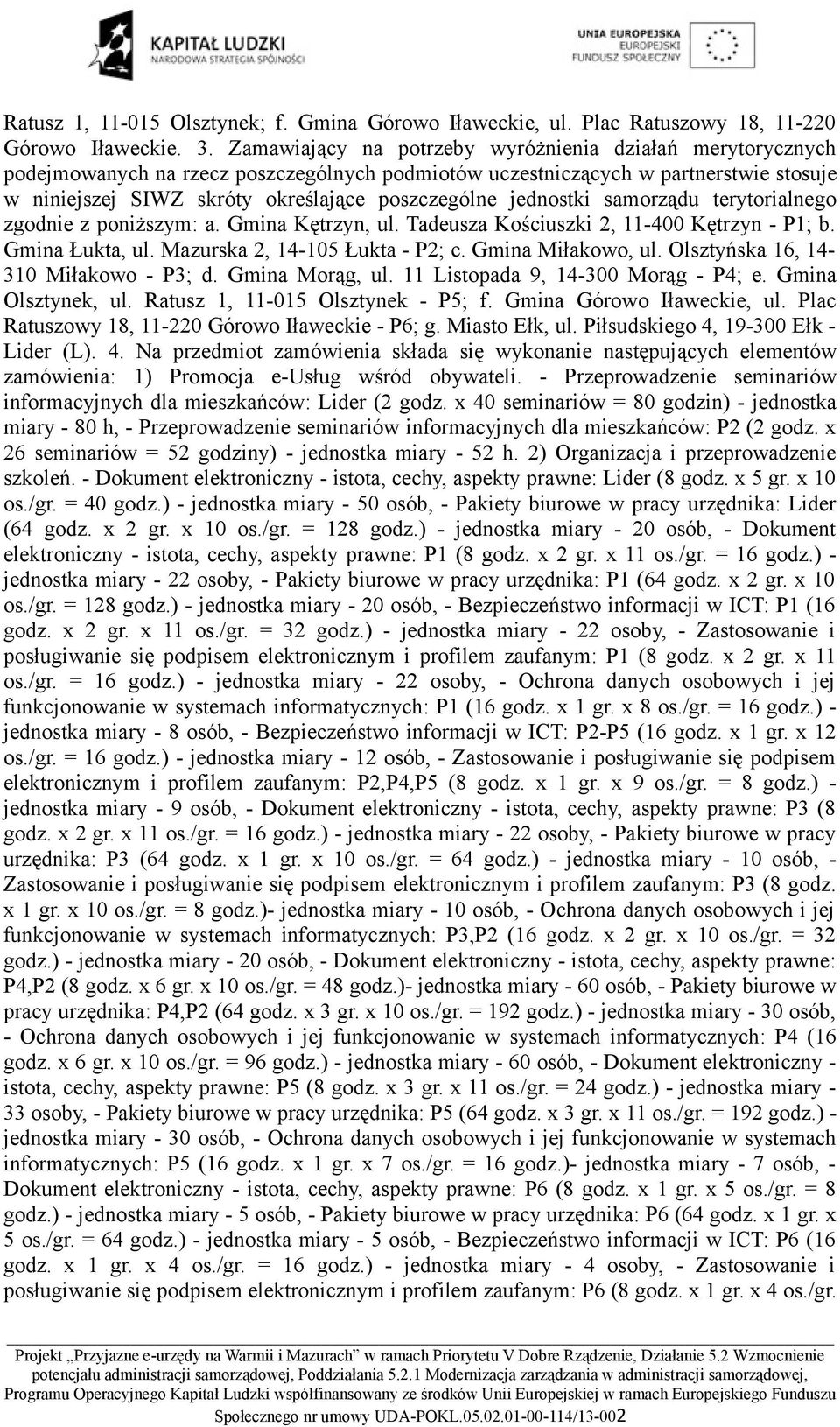 jednostki samorządu terytorialnego zgodnie z poniższym: a. Gmina Kętrzyn, ul. Tadeusza Kościuszki 2, 11-400 Kętrzyn - P1; b. Gmina Łukta, ul. Mazurska 2, 14-105 Łukta - P2; c. Gmina Miłakowo, ul.