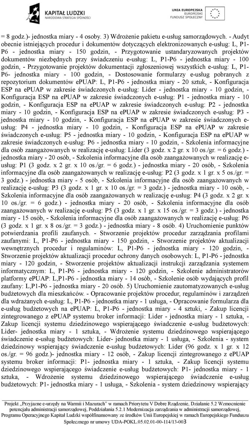 przy świadczeniu e-usług: L, P1-P6 - jednostka miary - 100 godzin, - Przygotowanie projektów dokumentacji zgłoszeniowej wszystkich e-usług: L, P1- P6- jednostka miary - 100 godzin, - Dostosowanie