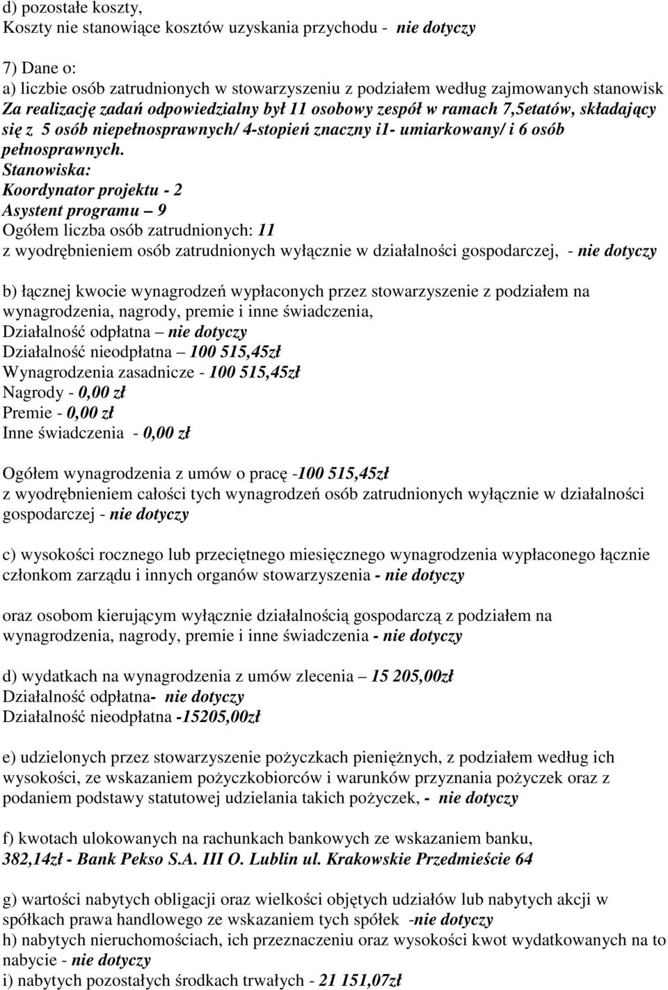 Stanowiska: Koordynator projektu - 2 Asystent programu 9 Ogółem liczba osób zatrudnionych: 11 z wyodrębnieniem osób zatrudnionych wyłącznie w działalności gospodarczej, - nie dotyczy b) łącznej