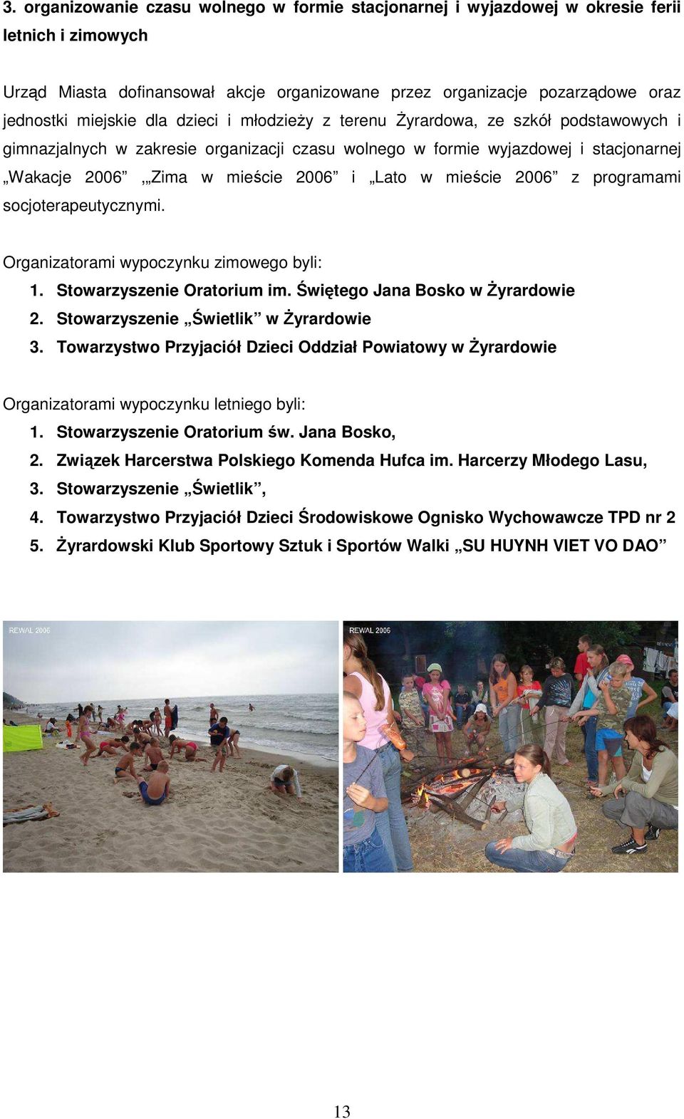 mieście 2006 z programami socjoterapeutycznymi. Organizatorami wypoczynku zimowego byli: 1. Stowarzyszenie Oratorium im. Świętego Jana Bosko w śyrardowie 2. Stowarzyszenie Świetlik w śyrardowie 3.