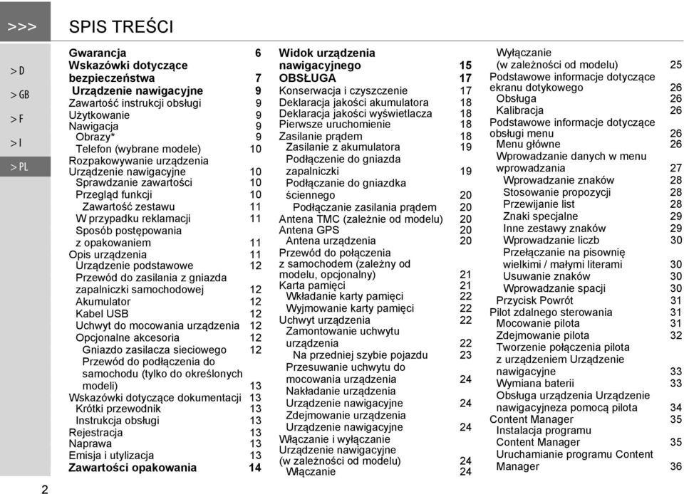 11 Urządzenie podstawowe 12 Przewód do zasilania z gniazda zapalniczki samochodowej 12 Akumulator 12 Kabel USB 12 Uchwyt do mocowania urządzenia 12 Opcjonalne akcesoria 12 Gniazdo zasilacza