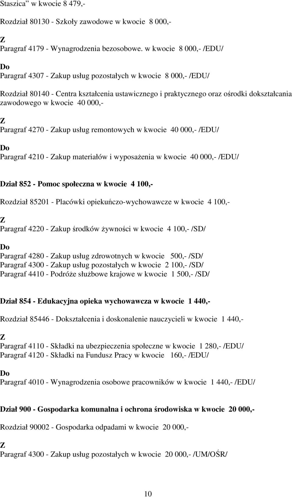 000,- Paragraf 4270 - akup usług remontowych w kwocie 40 000,- /EDU/ Paragraf 4210 - akup materiałów i wyposaŝenia w kwocie 40 000,- /EDU/ Dział 852 - Pomoc społeczna w kwocie 4 100,- Rozdział 85201