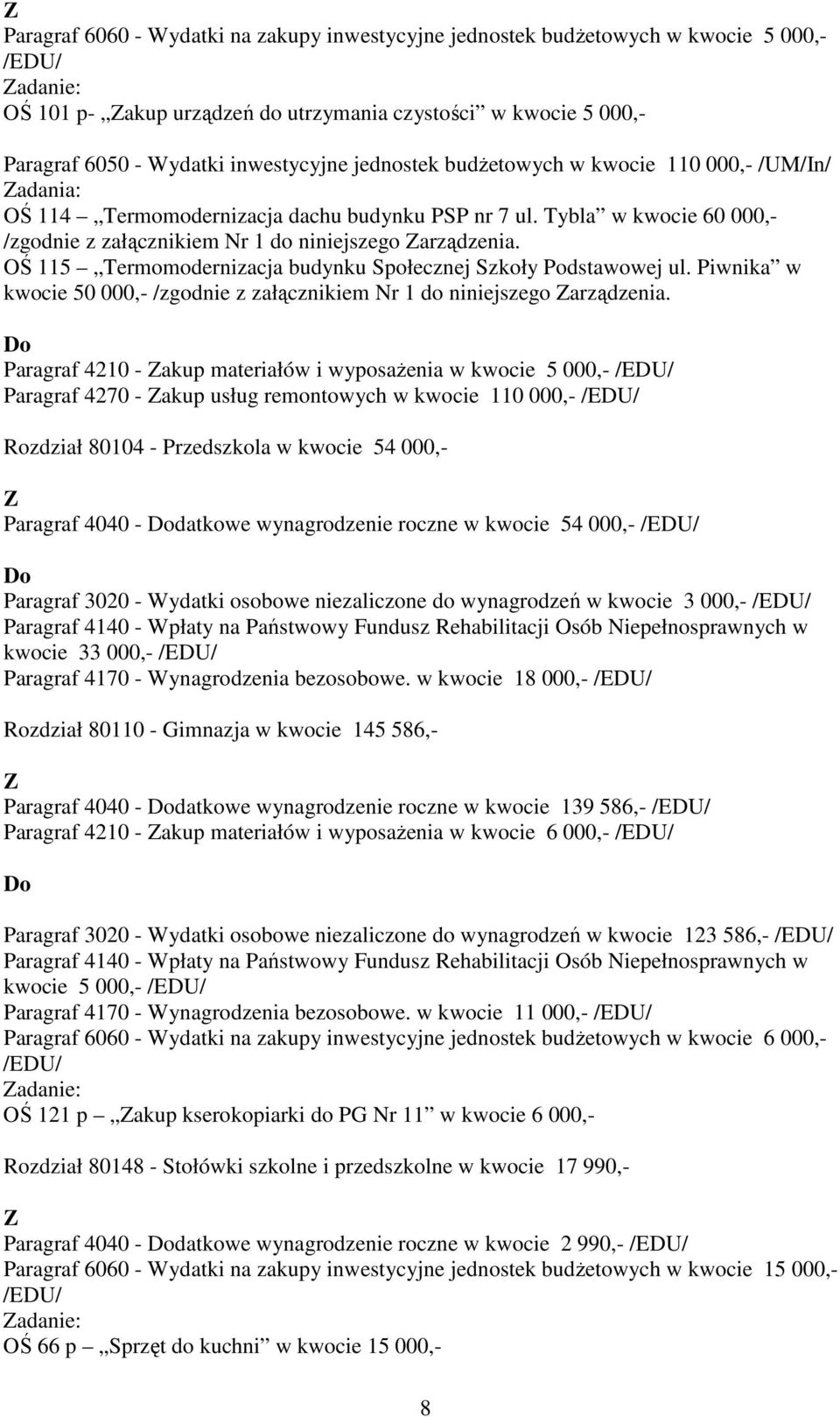 Tybla w kwocie 60 000,- /zgodnie z załącznikiem Nr 1 do niniejszego arządzenia. OŚ 115 Termomodernizacja budynku Społecznej Szkoły Podstawowej ul.