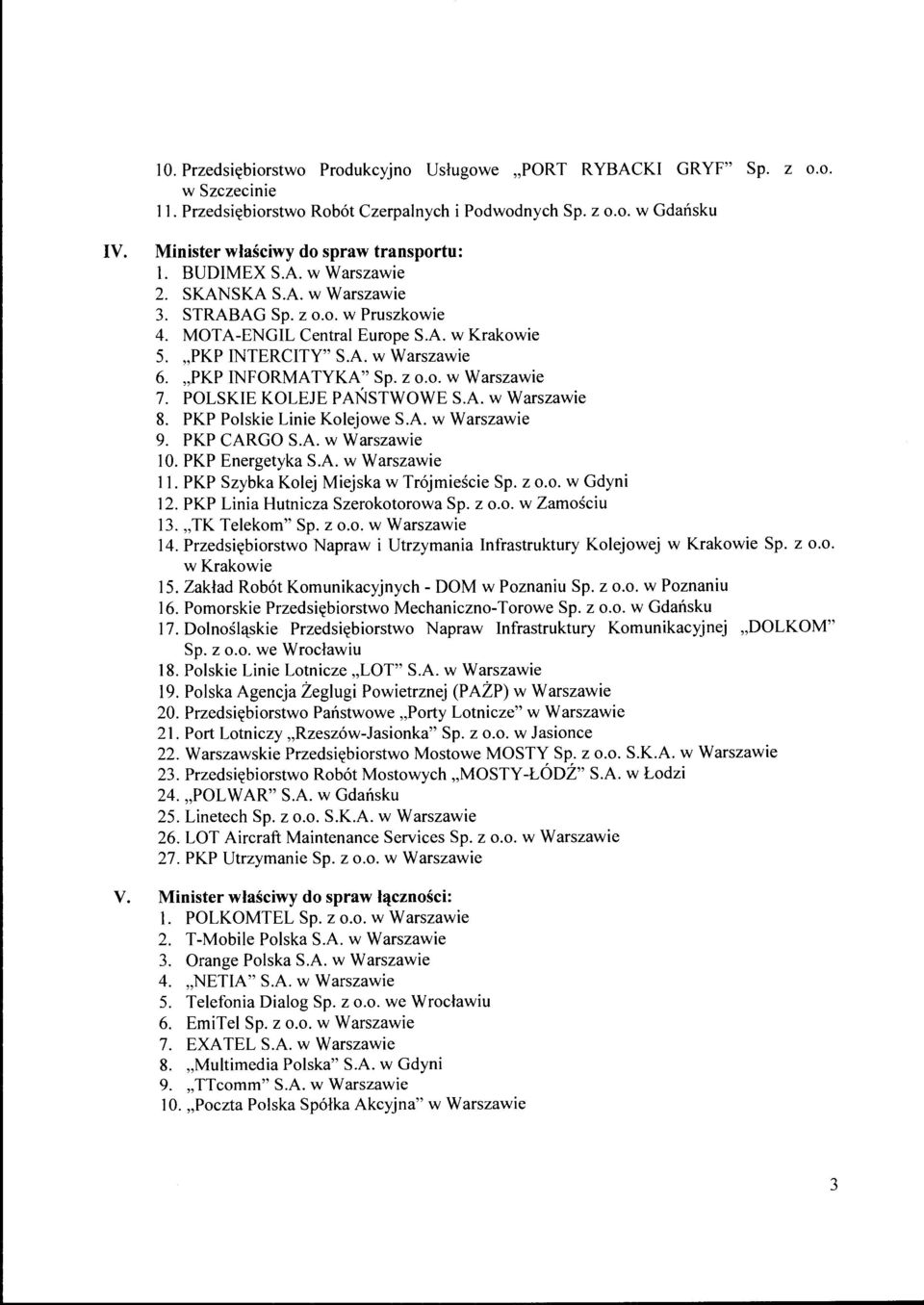 "PKP INFORMATYKA" Sp. z o.o. w Warszawie 7. POLSKIE KOLEJE PAŃSTWOWE S.A. w Warszawie 8. PKP Polskie Linie Kolejowe S.A. w Warszawie 9. PKP CARGO S.A. w Warszawie 10. PKP Energetyka S.A. w Warszawie 11.