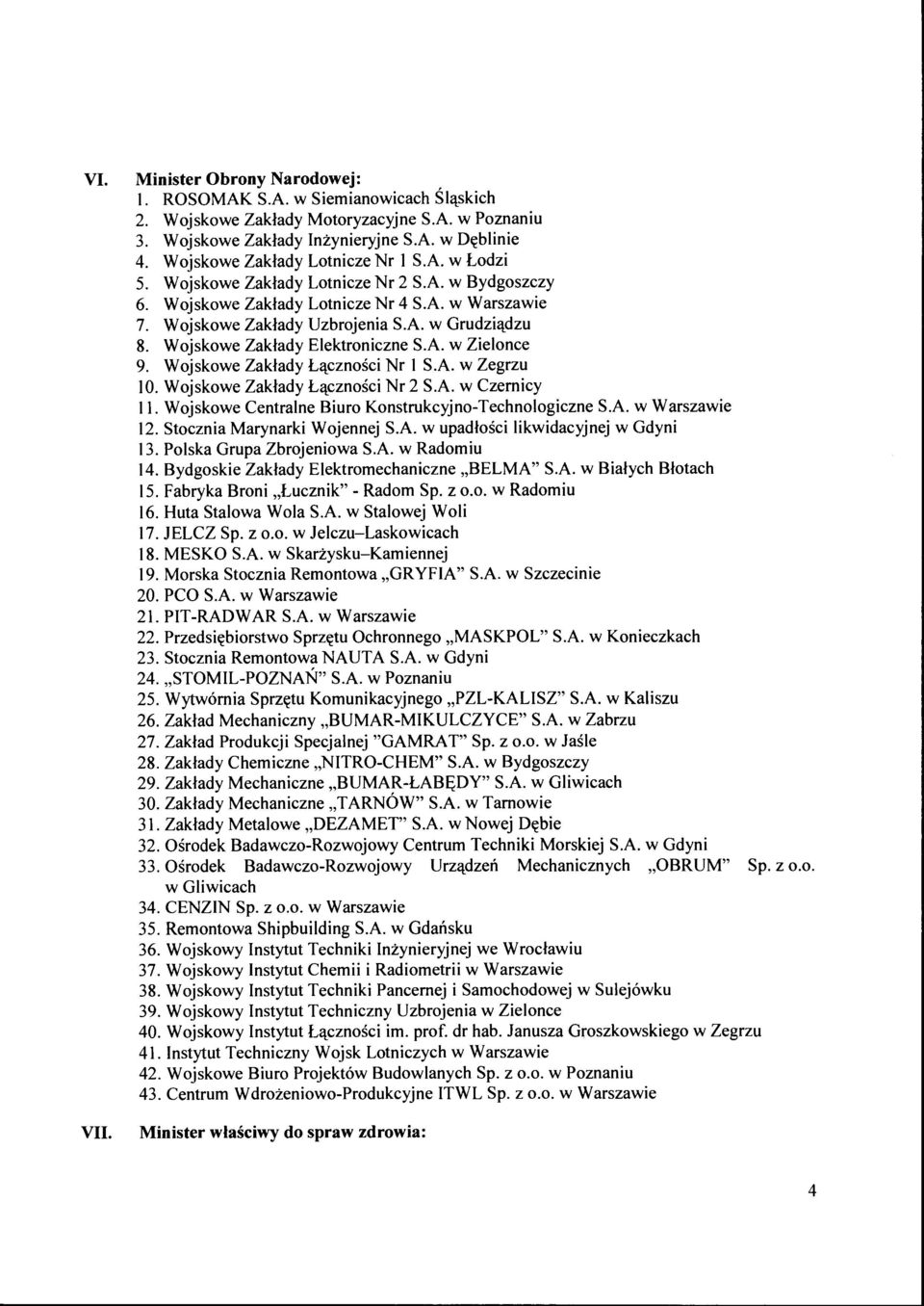 Wojskowe Zakłady Elektroniczne S.A. w Zielonce 9. Wojskowe Zakłady Łączności Nr l S.A. w Zegrzu 10. Wojskowe Zakłady Łączności Nr 2 S.A. w Czernicy 11.