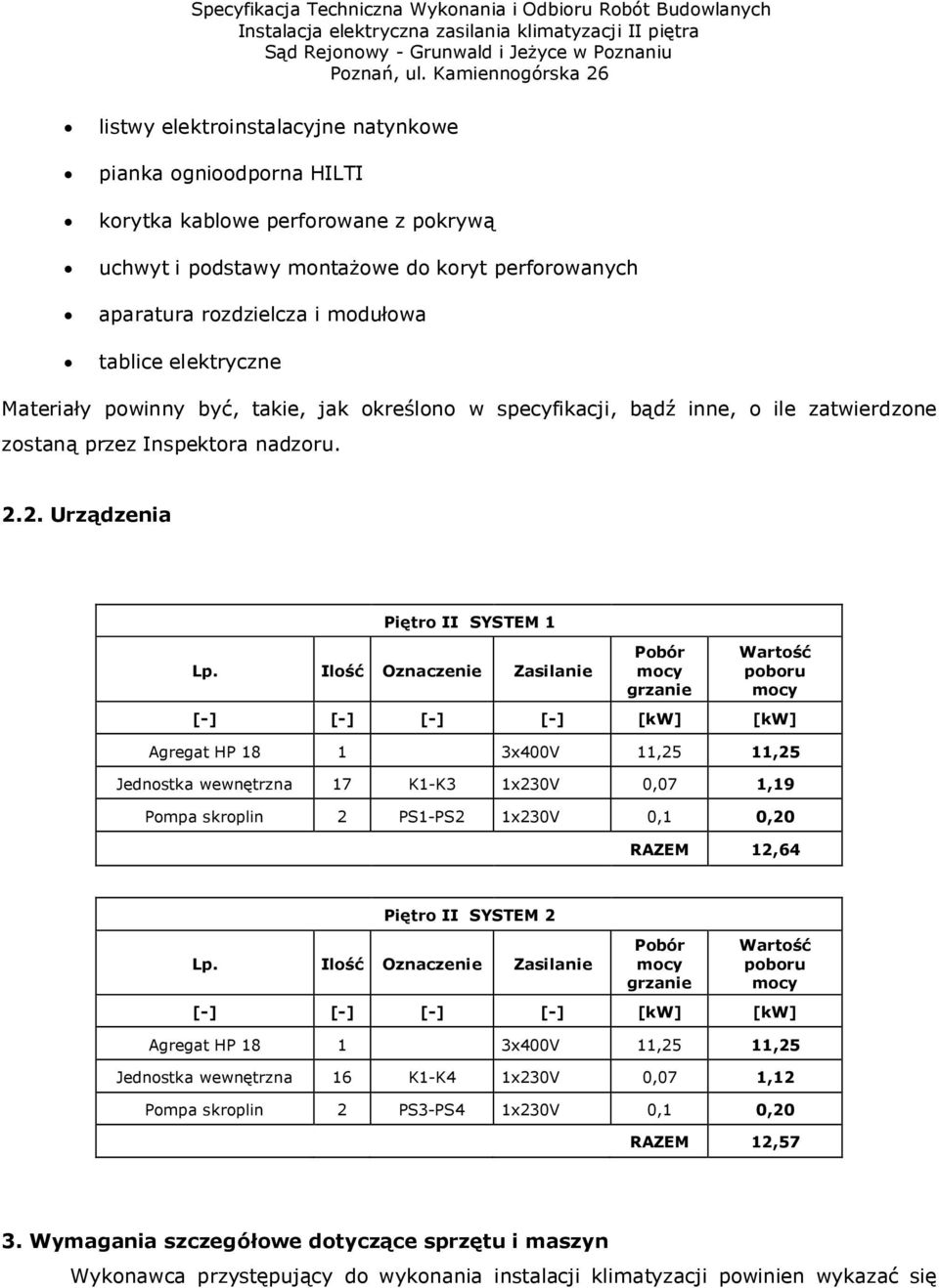 Ilość Oznaczenie Zasilanie Pobór grzanie Wartość poboru [-] [-] [-] [-] [kw] [kw] Agregat HP 18 1 3x400V 11,25 11,25 Jednostka wewnętrzna 17 K1-K3 1x230V 0,07 1,19 Pompa skroplin 2 PS1-PS2 1x230V 0,1