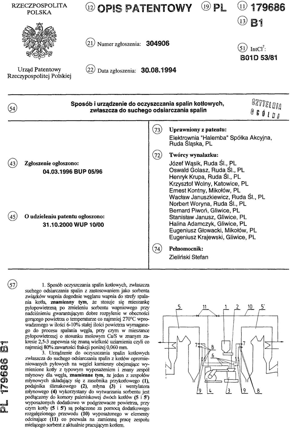 1996 BUP 05/96 (45) O udzieleniu patentu ogłoszono: (54)Sposób i urządzenie do oczyszczania spalin kotłowych, zwłaszcza do suchego odsiarczania spalin 31.10.