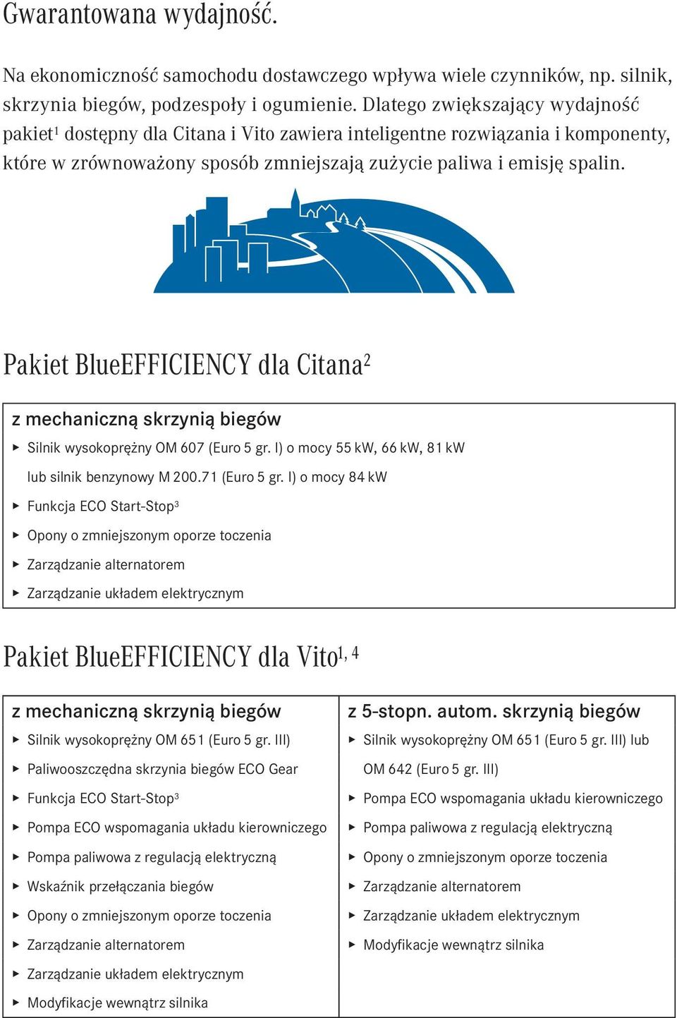 Pakiet BlueEFFICIENCY dla Citana 2 z mechaniczną skrzynią biegów Silnik wysokoprężny OM 607 (Euro 5 gr. I) o mocy 55 kw, 66 kw, 81 kw lub silnik benzynowy M 200.71 (Euro 5 gr.