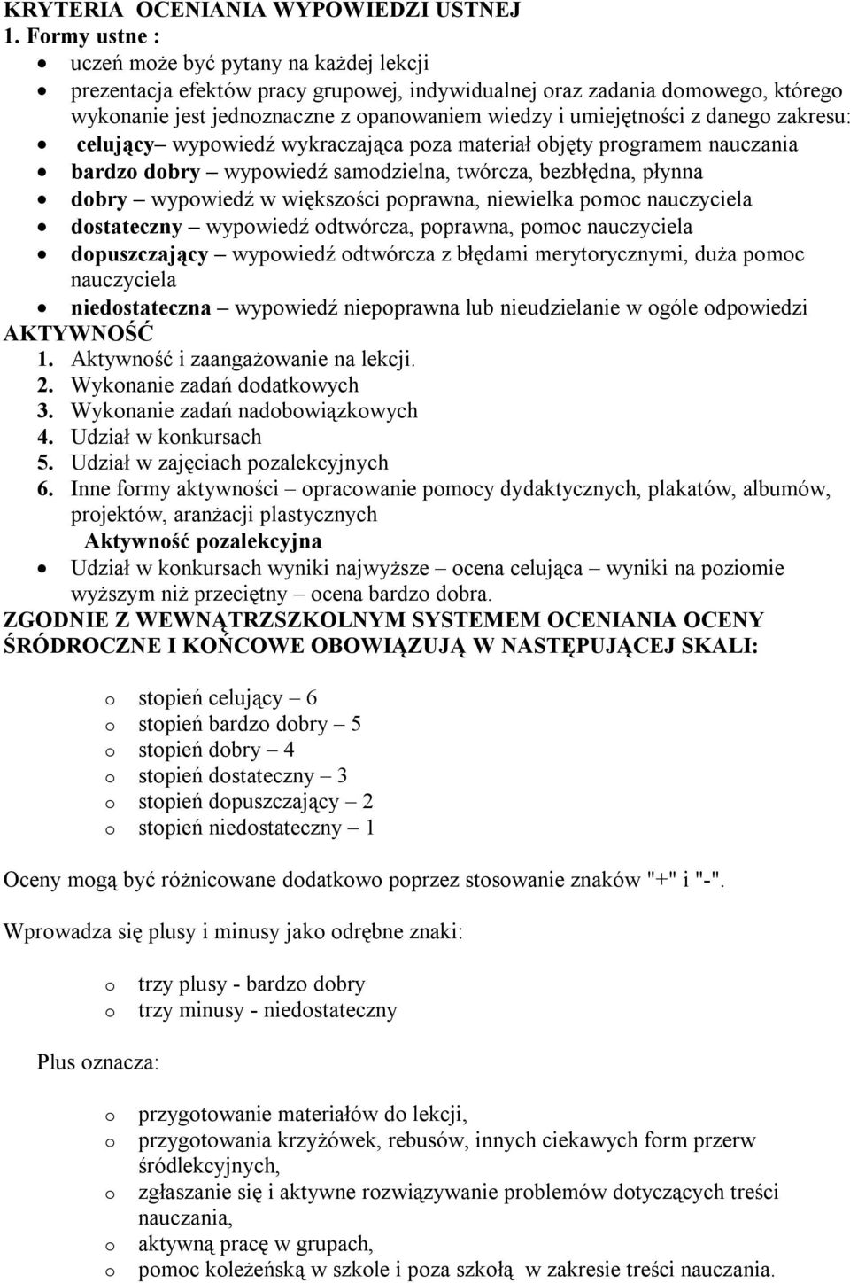 danego zakresu: celujący wypowiedź wykraczająca poza materiał objęty programem nauczania bardzo dobry wypowiedź samodzielna, twórcza, bezbłędna, płynna dobry wypowiedź w większości poprawna,