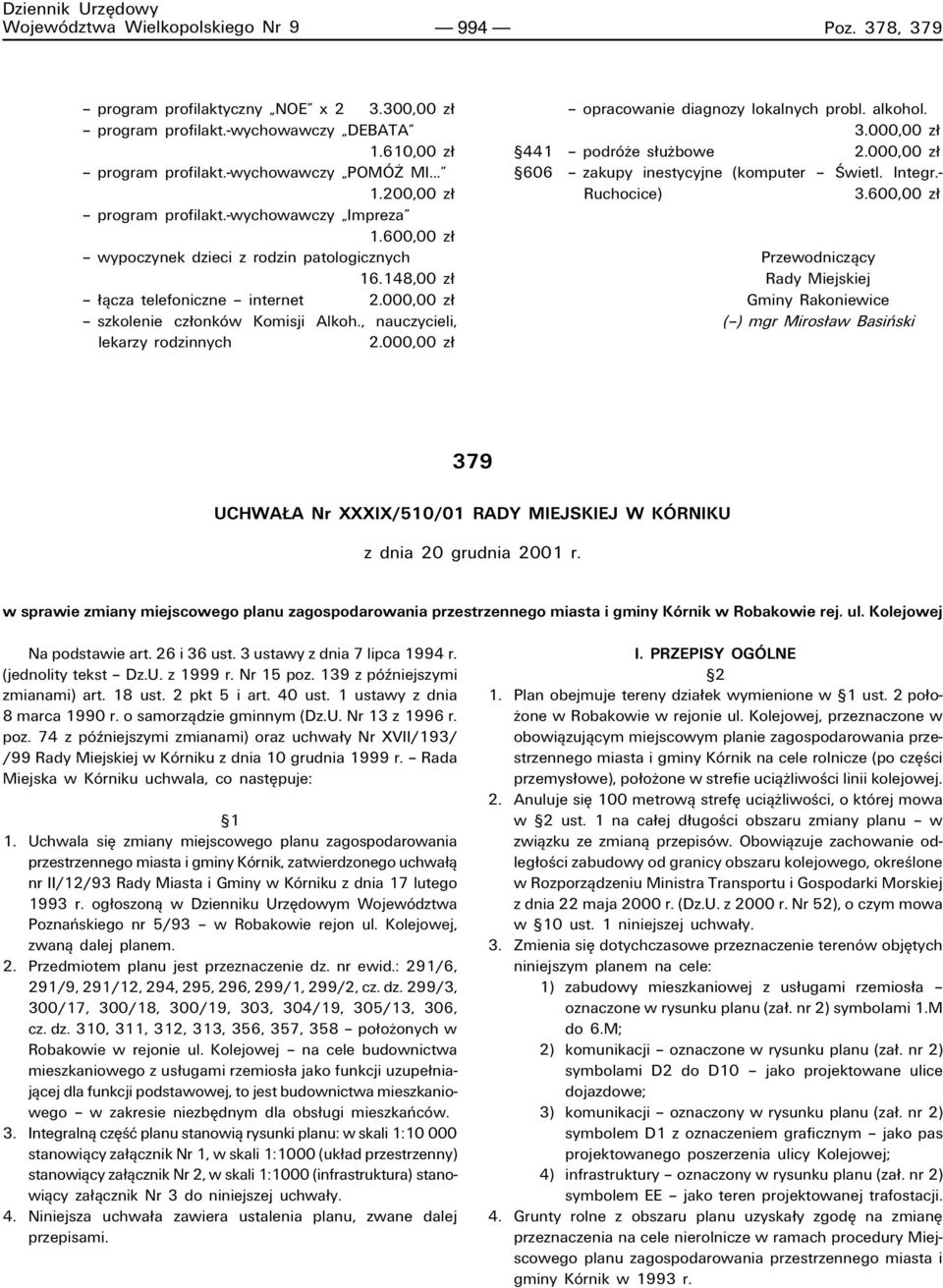 , nauczycieli, lekarzy rodzinnych 2.000,00 z ñ opracowanie diagnozy lokalnych probl. alkohol. 3.000,00 z ß441 ñ podrûøe s uøbowe 2.000,00 z ß606 ñ zakupy inestycyjne (komputer ñ åwietl. Integr.