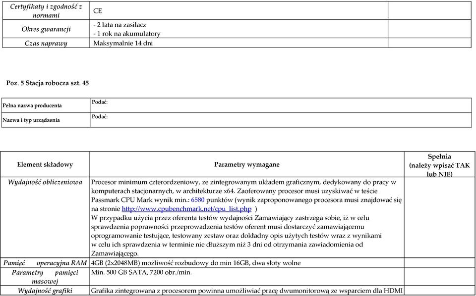 dedykowany do pracy w komputerach stacjonarnych, w architekturze x64. Zaoferowany procesor musi uzyskiwać w teście Passmark CPU Mark wynik min.