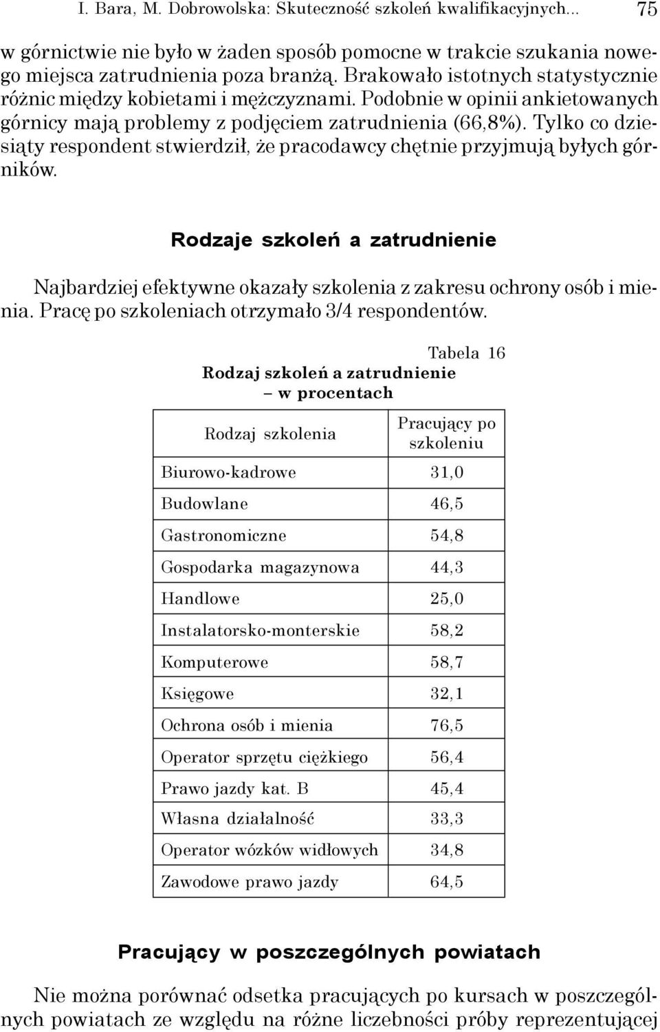 Tylko co dziesiąty respondent stwierdził, że pracodawcy chętnie przyjmują byłych górników. Rodzaje szkoleñ a zatrudnienie Najbardziej efektywne okazały szkolenia z zakresu ochrony osób i mienia.