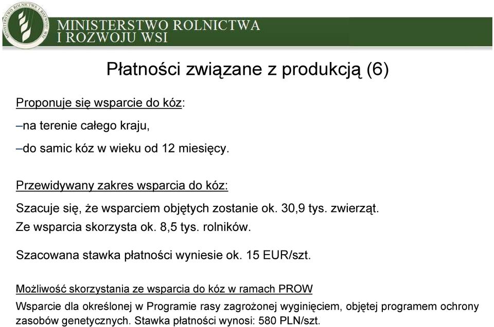 8,5 tys. rolników. Szacowana stawka płatności wyniesie ok. 15 EUR/szt.