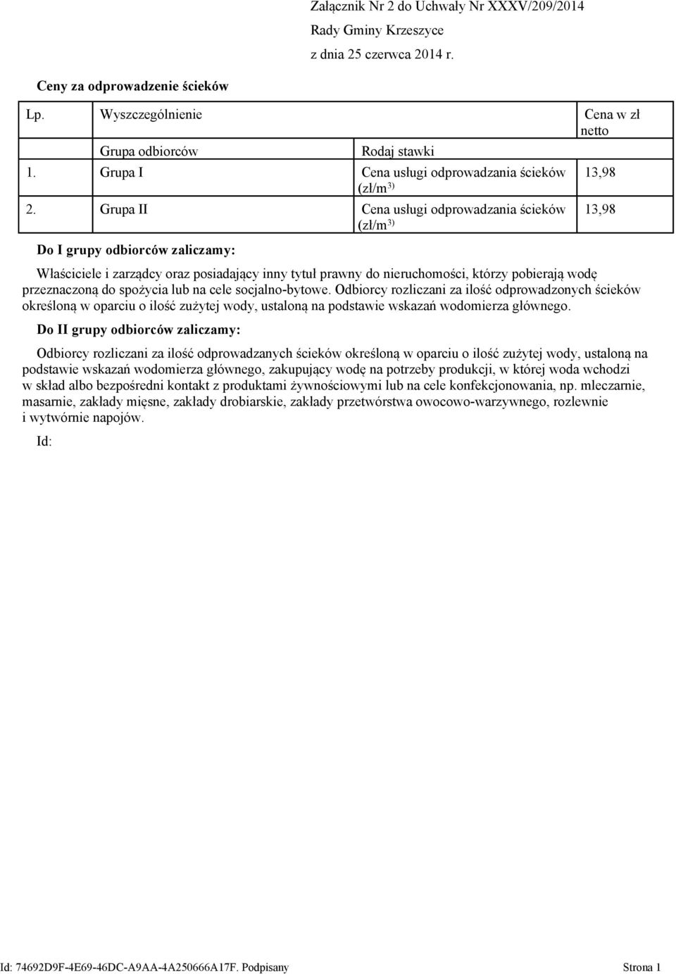 Grupa II Cena usługi odprowadzania ścieków (zł/m 3) 13,98 Do I grupy odbiorców zaliczamy: Właściciele i zarządcy oraz posiadający inny tytuł prawny do nieruchomości, którzy pobierają wodę