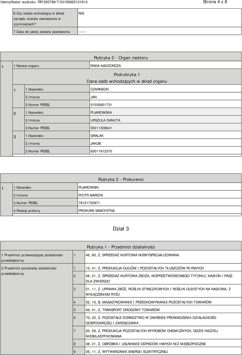 Nazwisko GRALAK JAKUB 3.Numer PESEL 82011912370 1 1.Nazwisko PIJAROWSKI Rubryka 3 - Prokurenci PIOTR MARCIN 3.Numer PESEL 79121702971 4.