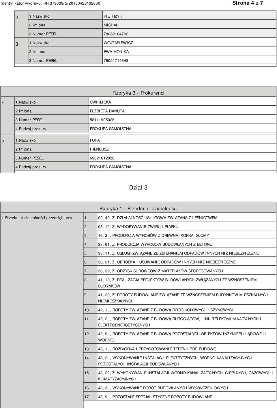 Przedmiot działalności przedsiębiorcy 1 02, 40, Z, DZIAŁALNOŚĆ USŁUGOWA ZWIĄZANA Z LEŚNICTWEM 2 08, 12, Z, WYDOBYWANIE ŻWIRU I PIASKU 3 16, 2,, PRODUKCJA WYROBÓW Z DREWNA, KORKA, SŁOMY 4 23, 61, Z,