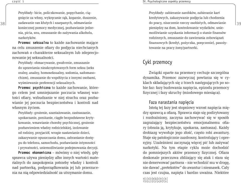 niszczenie rzeczy osobistych, odmawianie 39 koniecznej pomocy medycznej, pozbawianie jedze- pieniędzy na dom, kontrolowanie wydatków, unie- nia, picia, snu, zmuszanie do zażywania alkoholu,