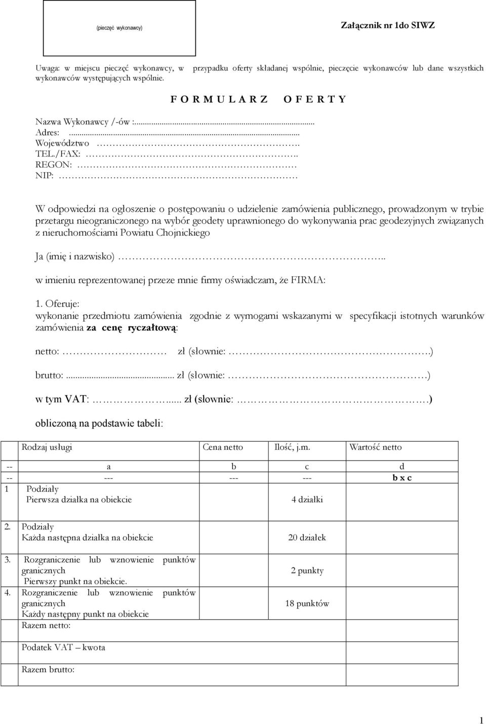 REGON: NIP: W odpowiedzi na ogłoszenie o postępowaniu o udzielenie zamówienia publicznego, prowadzonym w trybie przetargu nieograniczonego na wybór geodety uprawnionego do wykonywania prac