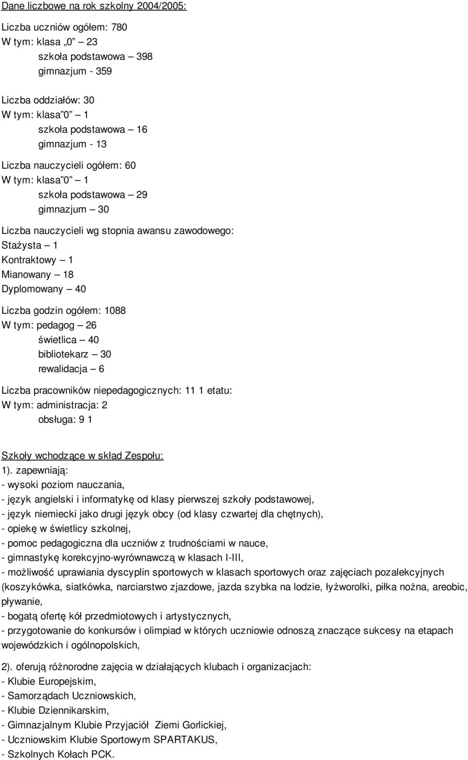 ogółem: 1088 W tym: pedagog 26 świetlica 40 bibliotekarz 30 rewalidacja 6 Liczba pracowników niepedagogicznych: 11 1 etatu: W tym: administracja: 2 obsługa: 9 1 Szkoły wchodzące w skład Zespołu: 1).