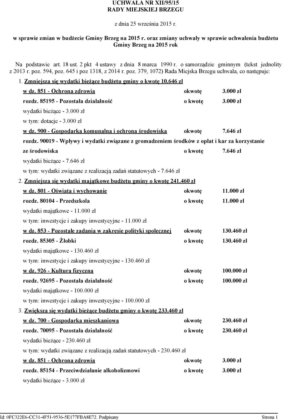 Zmniejsza się wydatki bieżące budżetu gminy o kwotę 10.646 w dz. 851 - Ochrona zdrowia okwotę 3.000 rozdz. 85195 - Pozostała działalność o kwotę 3.000 wydatki bieżące - 3.000 w tym: dotacje - 3.