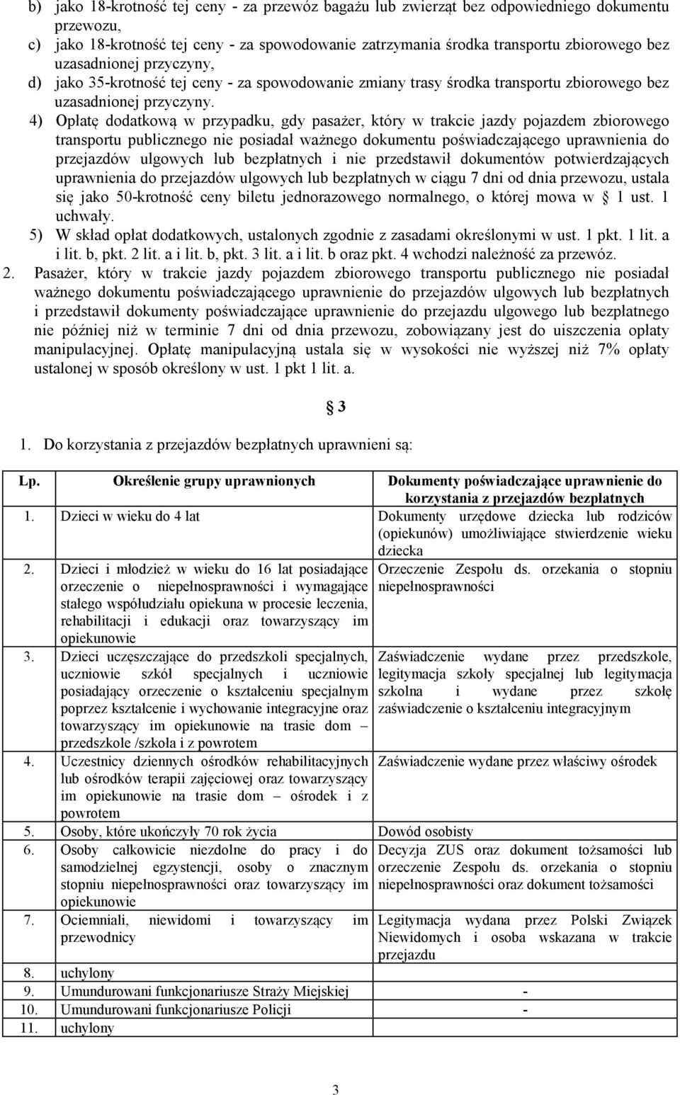 4) Opłatę dodatkową w przypadku, gdy pasażer, który w trakcie jazdy pojazdem zbiorowego transportu publicznego nie posiadał ważnego dokumentu poświadczającego uprawnienia do przejazdów ulgowych lub