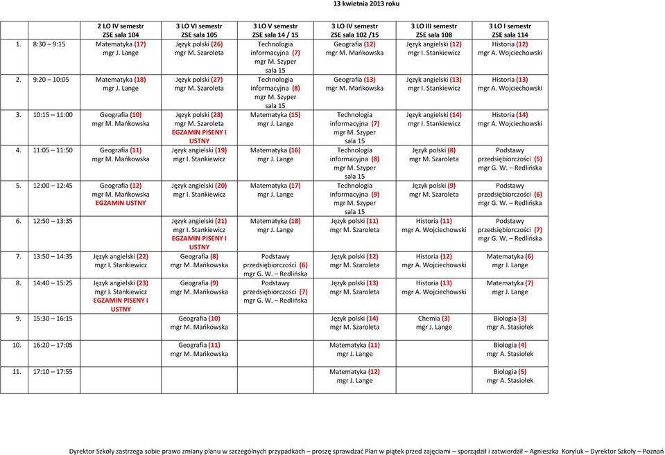 12:50 13:35 Język angielski (21) EGZAMIN PISENY I 7. 13:50 14:35 Język angielski (22) 8. 14:40 15:25 Język angielski (23) EGZAMIN PISENY I Geografia (8) Geografia (9) 9.