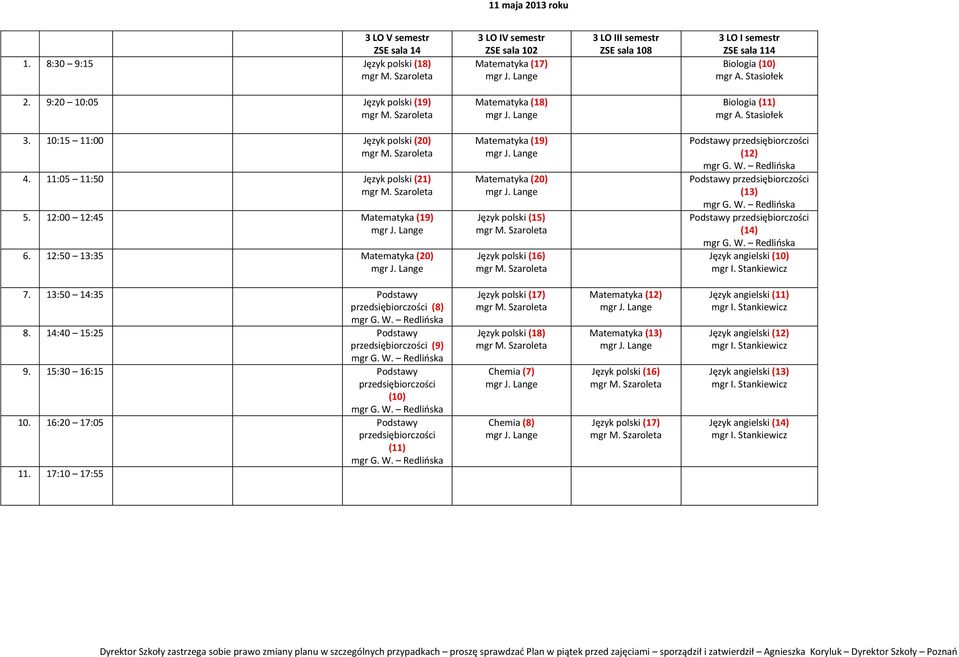 12:50 13:35 Matematyka (20) Matematyka (19) Matematyka (20) Język polski (15) Język polski (16) przedsiębiorczości (12) przedsiębiorczości (13) przedsiębiorczości (14) Język angielski (10) 7.