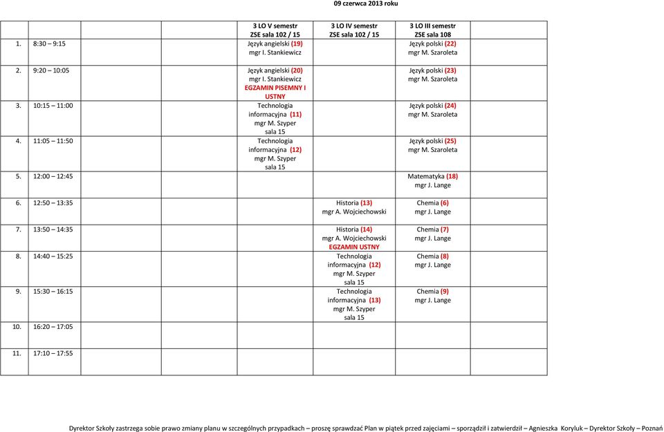 11:05 11:50 informacyjna (12) Język polski (23) Język polski (24) Język polski (25) 5. 12:00 12:45 Matematyka (18) 6.