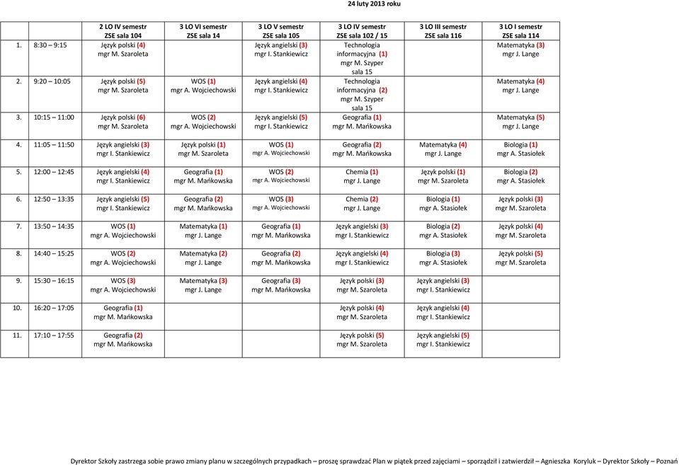 ZSE sala 116 Matematyka (3) Matematyka (4) Matematyka (5) 4. 11:05 11:50 Język angielski (3) Język polski (1) WOS (1) Geografia (2) Matematyka (4) Biologia (1) 5.
