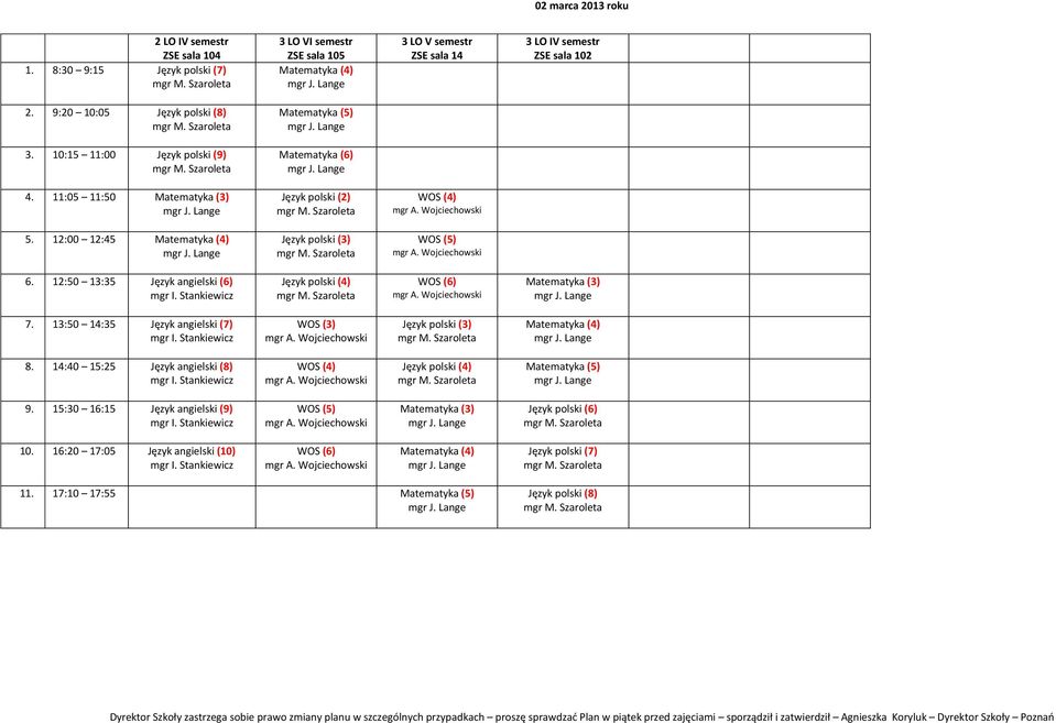 12:50 13:35 Język angielski (6) Język polski (4) WOS (6) Matematyka (3) 7. 13:50 14:35 Język angielski (7) WOS (3) Język polski (3) Matematyka (4) 8.