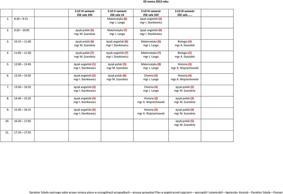 12:00 12:45 Język angielski (1) Język polski (5) Matematyka (8) Historia (3) 6. 12:50 13:35 Język angielski (2) Język polski (6) Chemia (3) Historia (4) 7.
