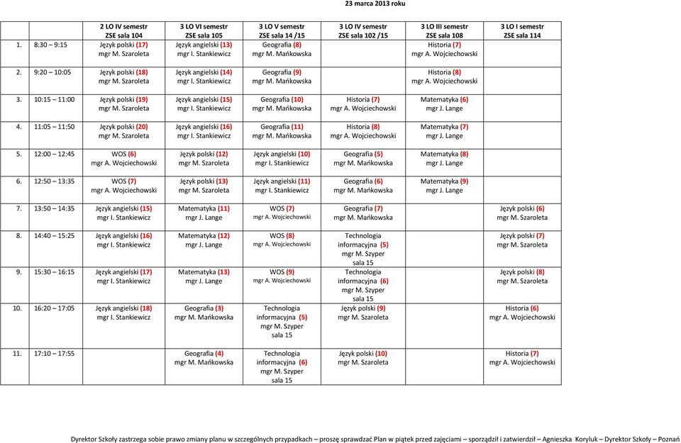11:05 11:50 Język polski (20) Język angielski (16) Geografia (11) Historia (8) Matematyka (7) 5. 12:00 12:45 WOS (6) Język polski (12) Język angielski (10) Geografia (5) Matematyka (8) 6.