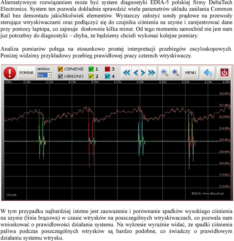 Wystarczy założyć sondy prądowe na przewody sterujące wtryskiwaczami oraz podłączyć się do czujnika ciśnienia na szynie i zarejestrować dane przy pomocy laptopa, co zajmuje dosłownie kilka minut.