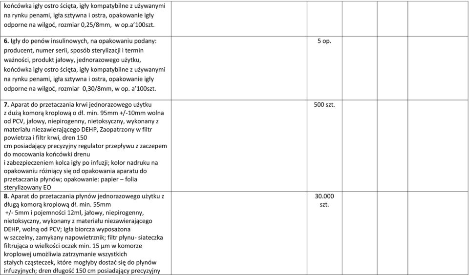 używanymi na rynku penami, igła sztywna i ostra, opakowanie igły odporne na wilgoć, rozmiar 0,30/8mm, w op. a 100szt. 7. Aparat do przetaczania krwi jednorazowego użytku z dużą komorą kroplową o dł.