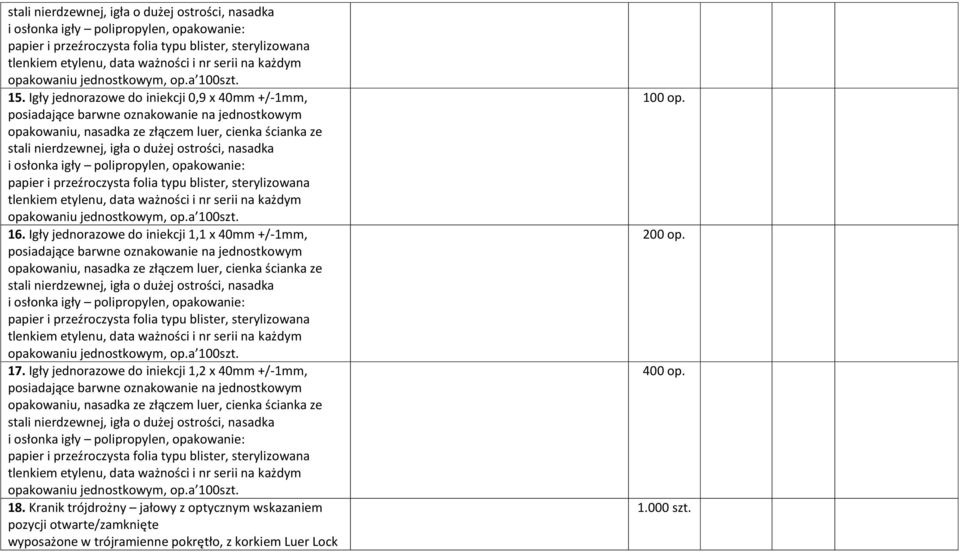 opakowaniu jednostkowym, op.a 100szt. 16.