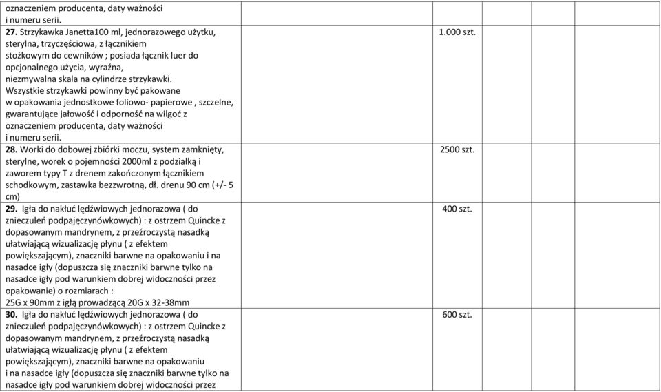 strzykawki. Wszystkie strzykawki powinny być pakowane w opakowania jednostkowe foliowo- papierowe, szczelne, oznaczeniem producenta, daty ważności i numeru serii. 28.