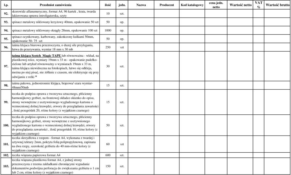 99. spinacz ocynkowany, karbowany, zakończony kulkami 50mm, opakowanie 50-75 szt taśma klejaca biurowa przezroczysta, o duzej sile przylegania, łatwa do przerywania, wymiar 18 mm x 30 mb taśma