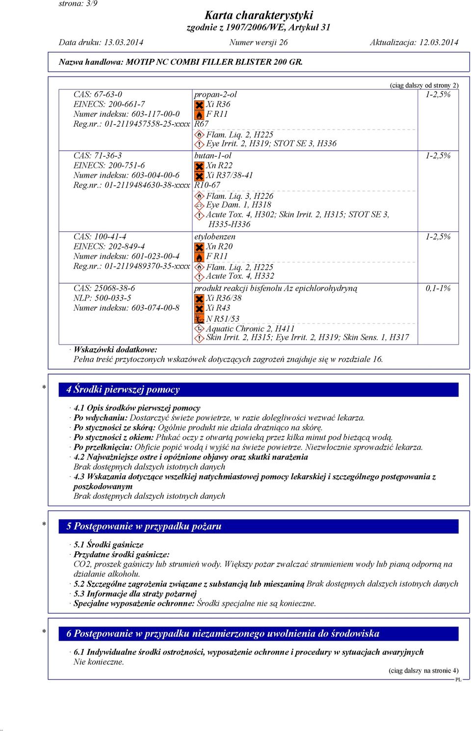 2, H319; STOT SE 3, H336 butan-1-ol Xn R22 Xi R37/38-41 R10-67 Flam. Liq. 3, H226 Eye Dam. 1, H318 Acute Tox. 4, H302; Skin Irrit. 2, H315; STOT SE 3, H335-H336 etylobenzen Xn R20 F R11 Flam. Liq. 2, H225 Acute Tox.